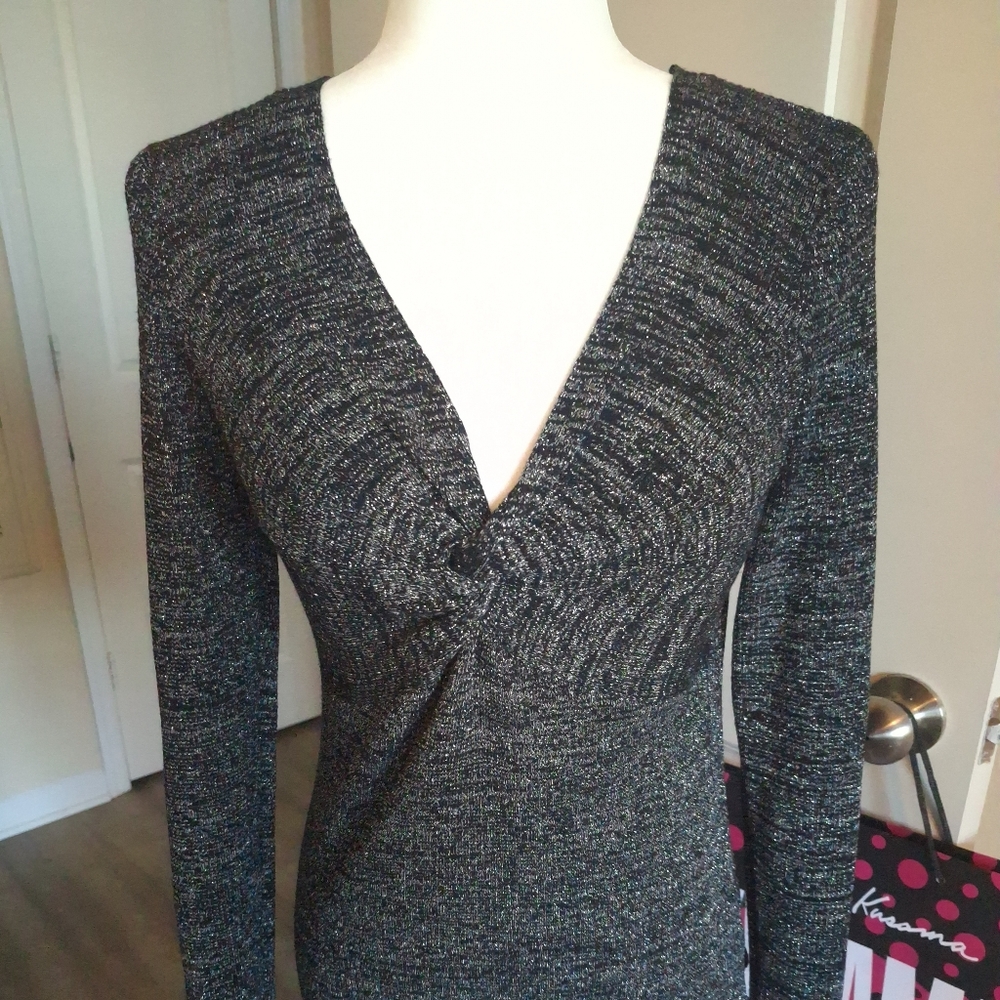 Black and Silver Knit V-Neck Sweater